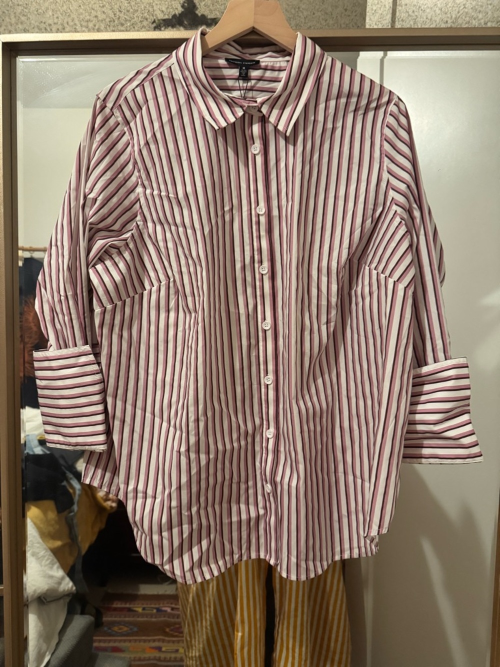 Universal Standard Striped Button Shirt in White and Mauve
